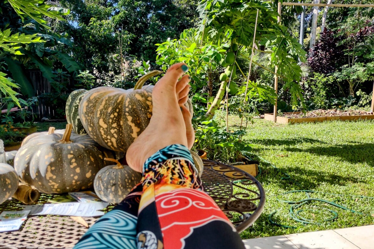 relaxing in a garden with vegetables