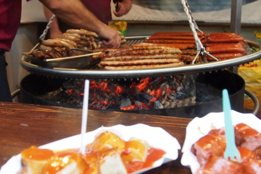 bratwurst stall at Christmas market in Germany