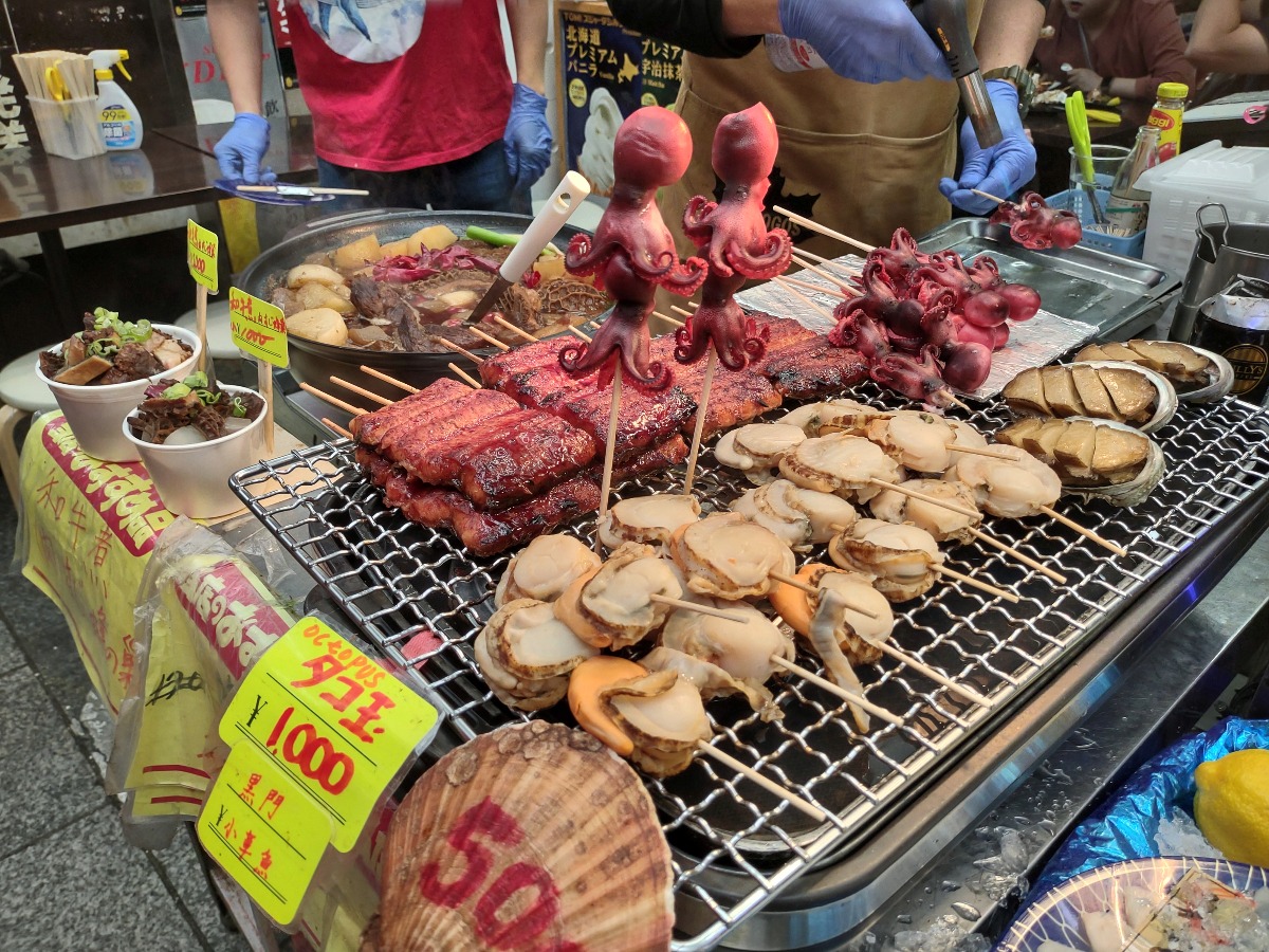 Food stall in Kuromon Market Seafood Osaka