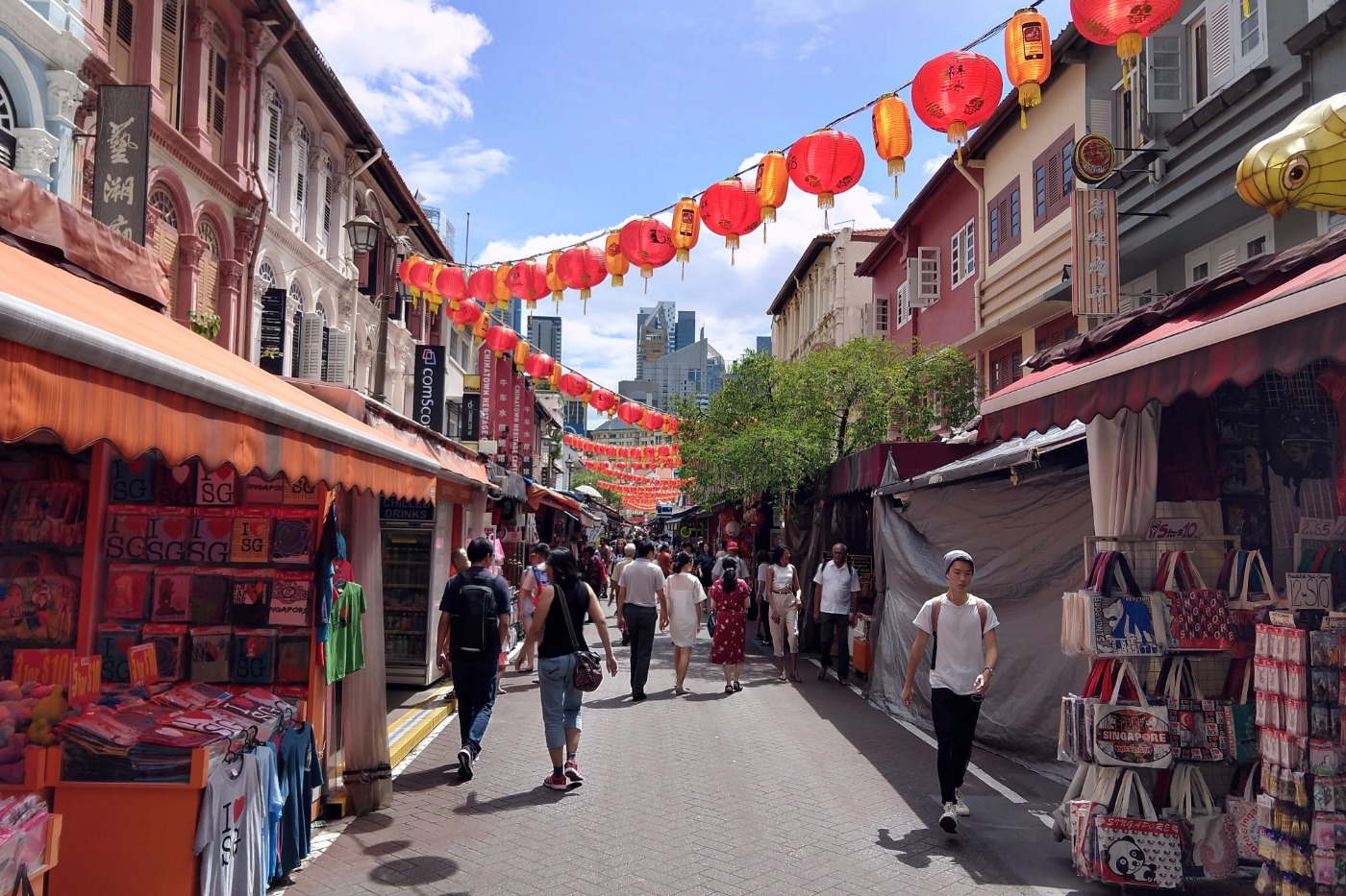 Street scene with shops and lanterns in Chinatown Singapore