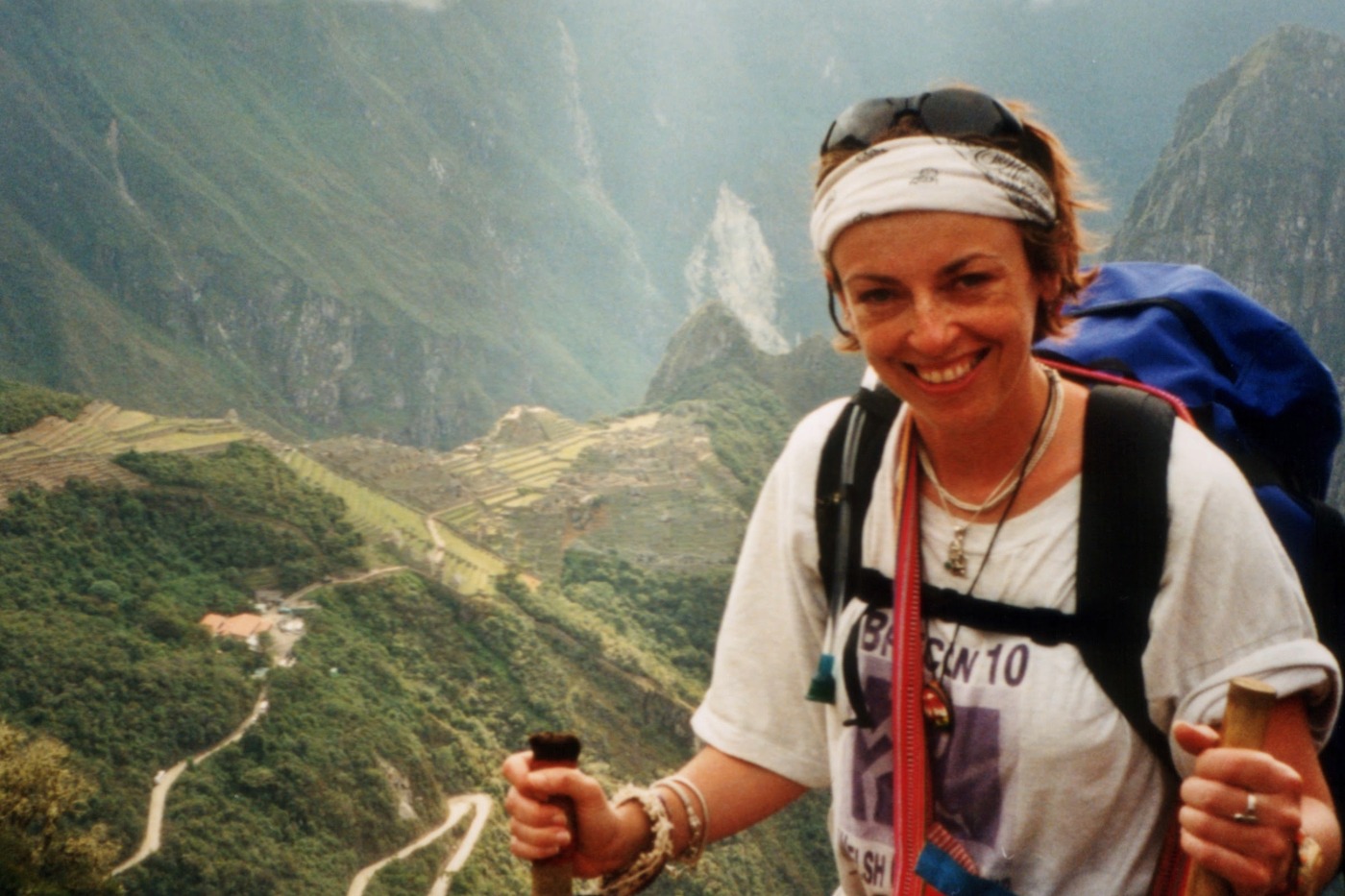 Alyson from world travel family at the end on the inca trail, macchu picchu peru.