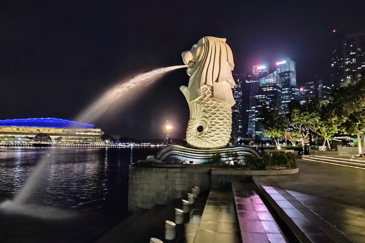 Singapore Merlion Statue Lit Up at Night