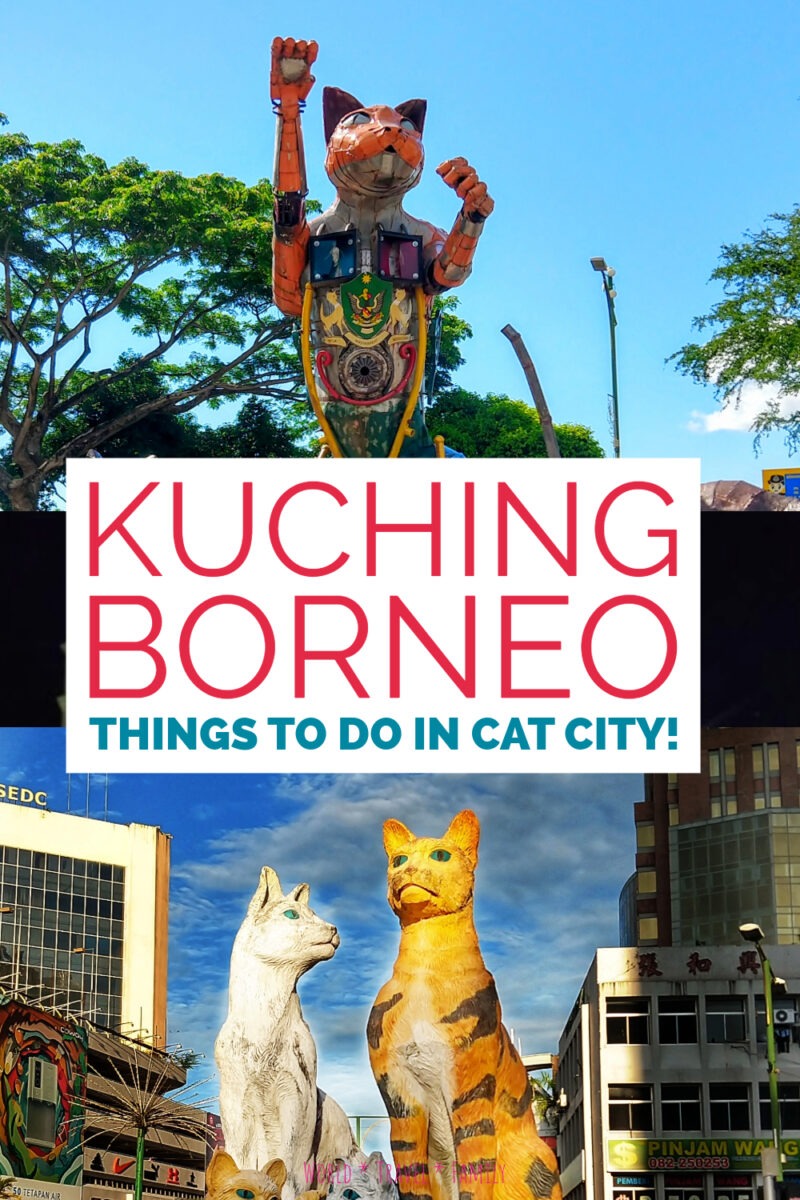 Kuching borneo cat statue photos. Text reads " Kuching Borneo, Things To Do in Cat City"