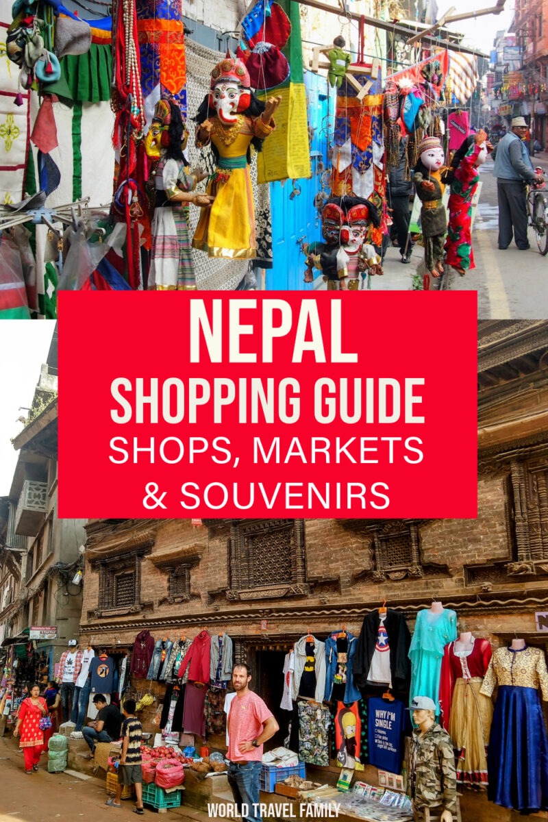 Two photos of shops in Nepal with text that reads "Nepal Shopping Guide"