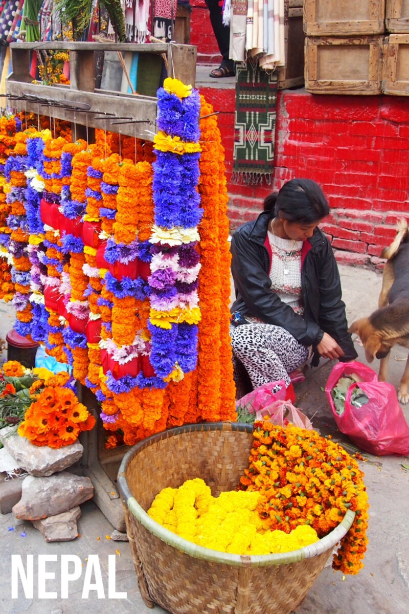 Market stall on a street in Nepal, woman selling flowers. Text reads "Nepal".