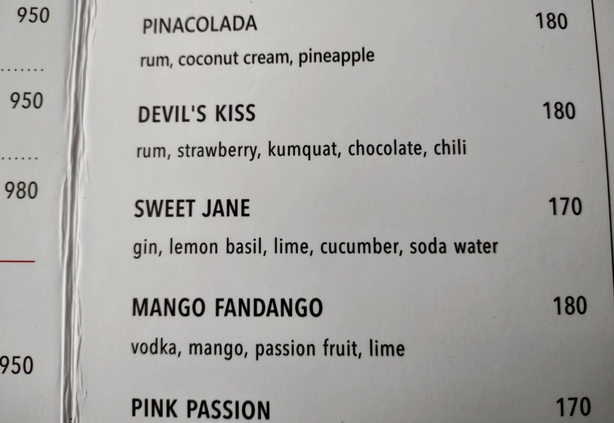 Drinks menu